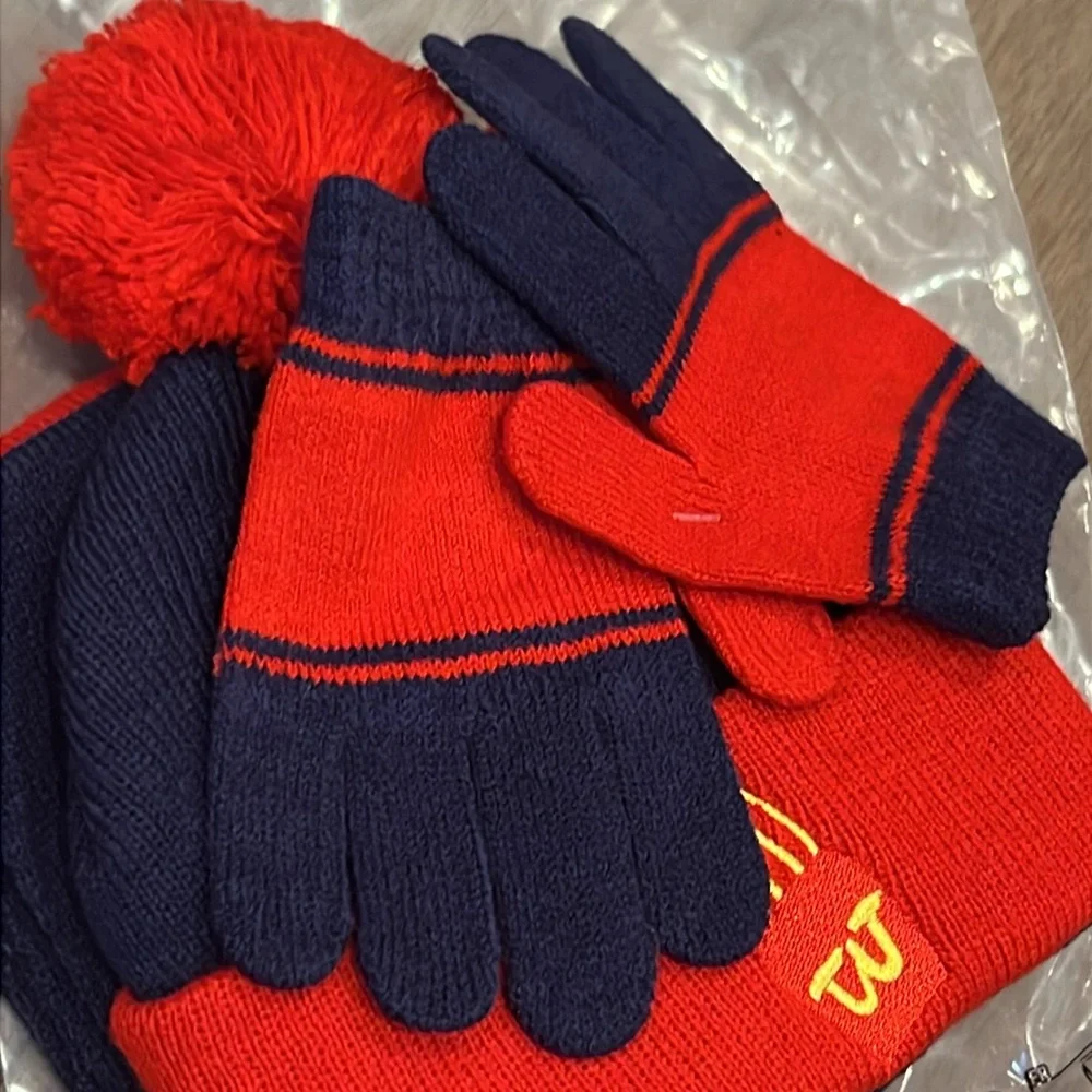NWT Toddler Tuc Tuc Red and Navy Winter Hat, Gloves, and Scarf Set Red and Navy